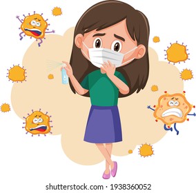A girl wearing mask with virus fly around isolated illustration