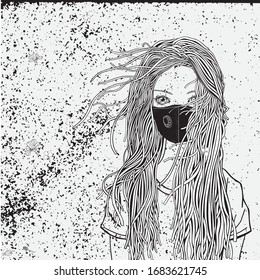 Girl wearing a medical face mask. Adult coloring book page. Novel coronavirus (2019-nCoV). Black and white Vector illustration.