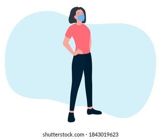 A girl wearing a medical mask is looking upward to see something