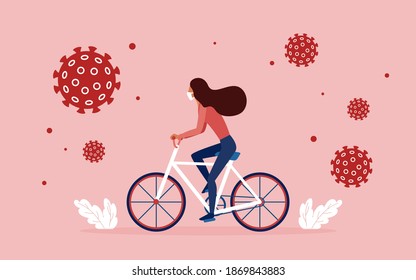 Girl wearing medical mask protecting against coronavirus, riding bicycle vector illustration. Cartoon woman character cycling outdoor, using protective measures, covid19 prevention concept background