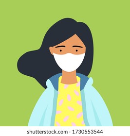 Girl wearing medical mask. Vector flat illustration. Coronavirus, 2019-ncov, covid 19 concept. Memphis geometrical style. Autumn season clothing, rain coat. Black, blue, yellow, pink, green colors