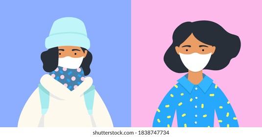 Girl wearing medical mask. Vector flat illustration. Coronavirus, 2019-ncov, covid 19 concept. Memphis geometrical style. Winter, spring season clothing. Black, blue, yellow, pink, beige, white colors
