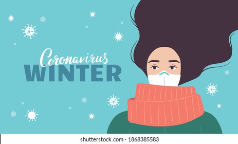 Girl wearing a medical mask and a warm scarf for protection from cold, flu, and viruses. Coronavirus winter illustration for banner or web. - Vector