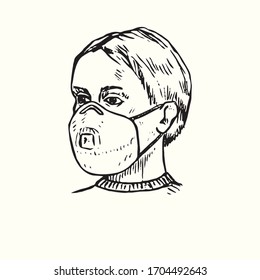 Girl Wearing N95 Respirator Isolated, Outline Simple Doodle Drawing