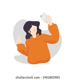Girl wearing orange color jacket takes a selfie. Portrait of abstract teenage lady photographing herself on a mobile phone with flat style 