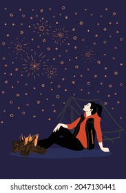 A Girl Wearing An Orange Hoodie, Black Vest, And Pants, Ponytail Hairstyle Sits On The Ground With A Campfire And Tent Beside Her, Gazing At The Many Twinkling Stars In The Sky, Calm And Relaxed.