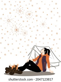 A Girl Wearing An Orange Hoodie, A Purple Vest, And A Black Ponytail Hairstyle Sits On The Ground With A Campfire And Tent Beside Her, Gazing At The Many Twinkling Stars In The Sky, Calm And Relaxed.