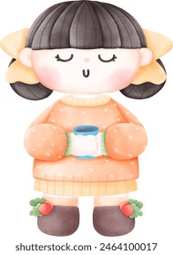 Girl wearing an orange sweater holding a coffee cup