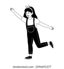 Girl wearing overalls joyfully playing outdoors during sunny weather