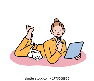 A girl wearing pajamas is lying on the floor and writing. The cat is sitting next to it. hand drawn style vector design illustrations. 