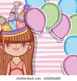 girl wearing party hat and balloons decoration