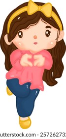 The girl wearing a pink blouse and blue pant do cute love-hand pose illustration