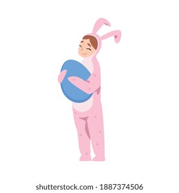 Girl Wearing Pink Bunny Costume Holding Big Decorated Easter Egg, Happy Easter Concept Cartoon Style Vector Illustration