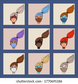 Girl is wearing a protective face mask. Set of 9 bright colorful personalities. Hand drawn vector illustration.