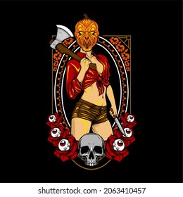 a girl wearing pumpkin mask and holding axe ready for halloween