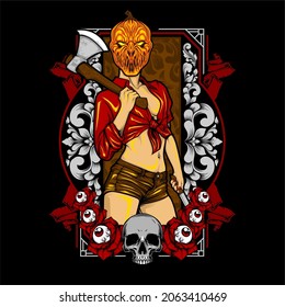 a girl wearing pumpkin mask and holding axe ready for halloween