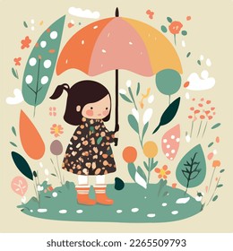 Girl wearing rain boots and holding an umbrella in a rainy garden. Spring cute children's illustration, flat style 