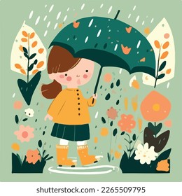 Girl wearing rain boots and holding an umbrella in a rainy garden. Spring cute children's illustration, flat style 