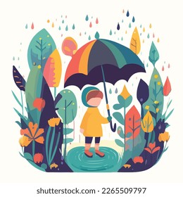 Girl wearing rain boots and holding an umbrella in a rainy garden. Spring cute children's illustration, flat style 