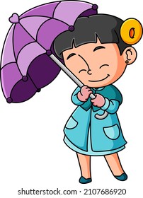 The girl is wearing the raincoat and umbrella to protect from the rainy of illustration