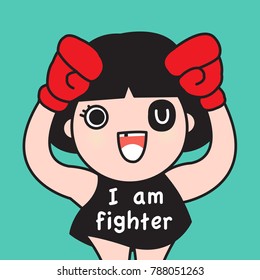 Girl Wearing Red Boxing Gloves And Black Dress With Word I Am Fighter On It Concept Card Character illustration