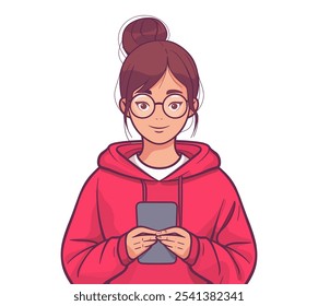 Girl wearing a red hoodie is holding a tablet. She is smiling and she is enjoying herself