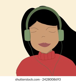 A girl wearing a red turtleneck listens to music through over-ear headphones in the autumn. Retro style.