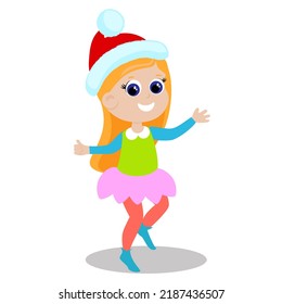 The girl is wearing a Santa Claus hat. The child is happy and jumping. Character design isolated on white background.