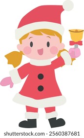 A girl wearing Santa costume smiling and holding a bell. Christmas. Cute. Vector Illustration.	