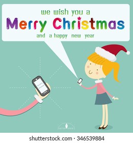 Girl wearing santa hat send message merry Christmas from smart phone on light blue background. Vector illustration. merry Christmas creative card