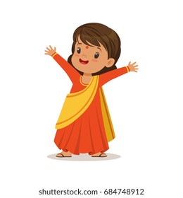 Girl wearing sari dress national costume of India colorful character vector Illustration