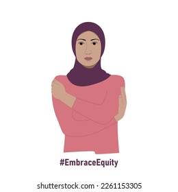 Girl wearing scarf embrace herself vector illustration. Muslim woman in hijab. International women's day 2023 gesture. Embrace equity campaign. 
