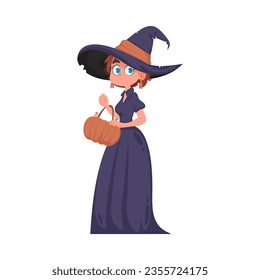 A girl wearing a scary witch outfit is holding a pumpkin. Halloween theme can be written in simpler words as the decorations and activities related to Halloween.  Cartoon style, Vector Illustration