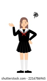 Girl wearing school sailor uniform, Sighing, hands on hips in distress