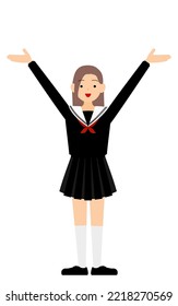 Girl wearing school sailor uniform, Pose with outstretched hands raised
