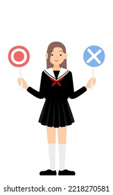 Girl wearing school sailor uniform, Have a marbled stick for answering questions.