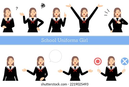 Girl wearing school sailor uniform, posed set, Questioning, embarrassment, pointing, talking, etc.