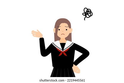 Girl wearing school sailor uniform, Sighing, hands on hips in distress
