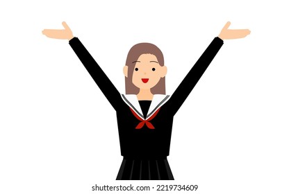 Girl wearing school sailor uniform, Pose with outstretched hands raised