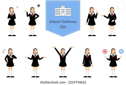 Girl wearing school sailor uniform, posed set, Questioning, embarrassment, pointing, talking, etc.
