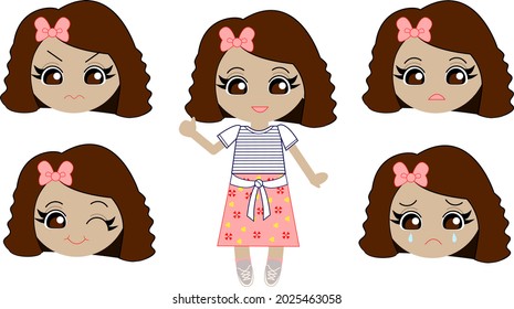 Girl wearing a skirt and a cute hair clip. Set of 5 different emotions. Includes happy, sad, surprised, wink and upset facial expressions.