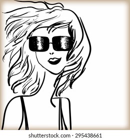 Girl wearing spectacles.Silhouette of the head of the girl wearing spectacles. Square vector illustration.