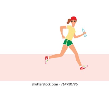 Girl wearing sport outfit running and holding a water bottle. Vector illustration.