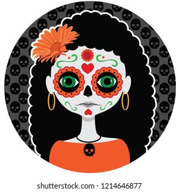 Girl wearing sugar skull makeup to celebrate the Mexican holiday Dia De Los Muertos (Day of the Dead), the day after Halloween.  EPS10 vector illustration.