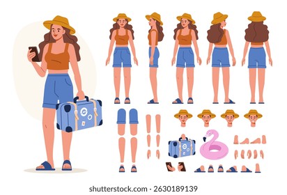 Girl wearing summer clothes holding baggage. Character constructor for animation. Front, side and back view set. Body parts, postures, poses collection. Vector illustration.