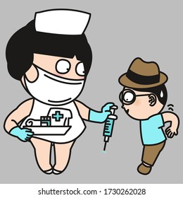 Girl Wearing Surgical Face Mask Holding Medical Syringe With Needle In Ampule Getting Ready For Scared Patient Boyfriend Injection. Woman In Medical Nurse Uniform Concept Card Character illustration