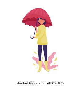 Girl Wearing Sweater and Boots Walking Outdoor in Rainy Day Vector Illustration