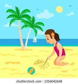 Girl wearing swimming suit vector, vacations of child summertime fun. Person drawing on sand with stick, palms and sailboat, ball laying on hot sand