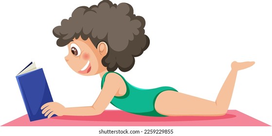 A girl wearing swimsuit and reading book on the beach illustration
