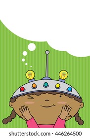 A girl wearing a thinking helmet. Green background thought bubble